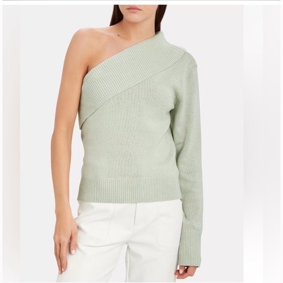 NWT SZ M Hellessy *Joffie* Mint Green Cashmere-Silk Sweater Satin Blouse Assym - Picture 2 of 6